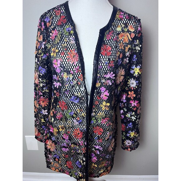 Simon Chang Floral Over Mesh Blazer Jacket Size 6 3D Flowers Black - Picture 1 of 6